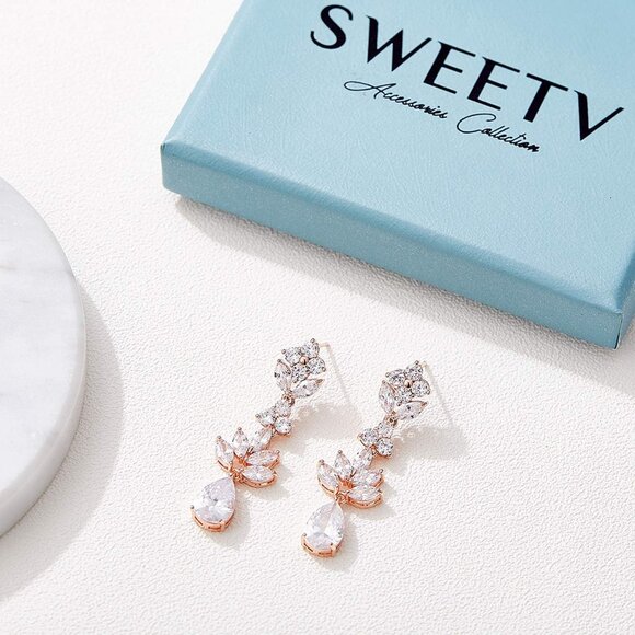 Women's Rose Gold Crystal Cubic Zirconia Bridal Drop Teardrop Wedding Earrings - Picture 7 of 7